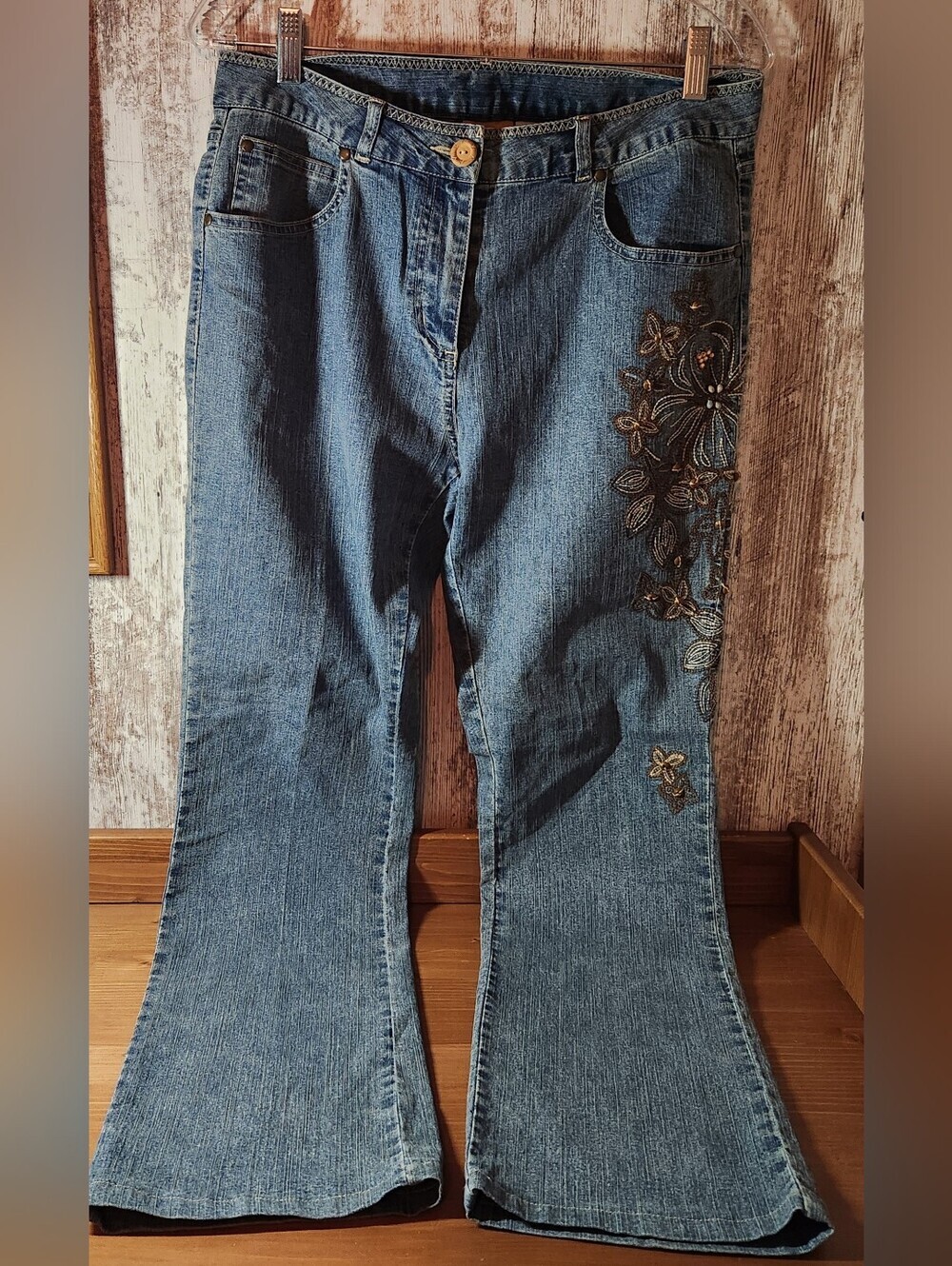 Ruby Rd. Blue Denim Bootcut Jeans with Floral Brown Bead Embroidery Size 8